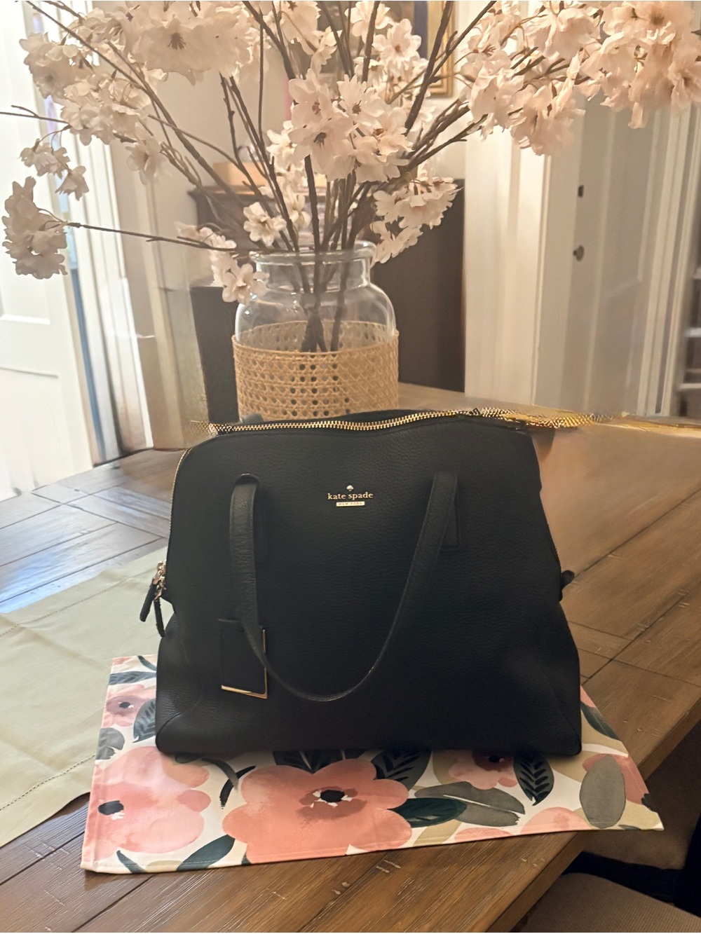kate spade Black Pebbled Leather Tote with Gold Logo